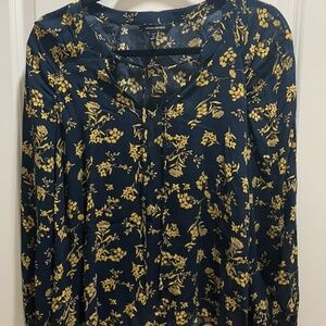 Banana Republic Long-Sleeve Split-Neck Navy & Yellow Blouse